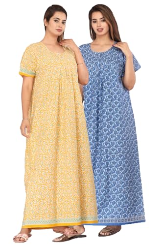 Kuruti B Sheets Brand 100% Cotton Nighty for Women ||Maxi/Night Gown/Night Dress/Nightwear & Sleepwear for Women's (Combo Pack of 2) Free Size,Mlti-11, Yellow Blue