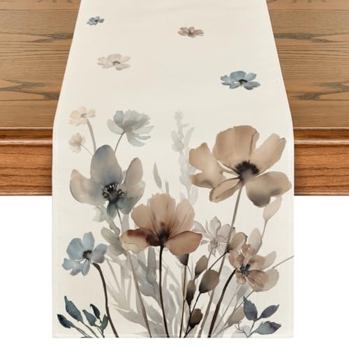 Artoid Mode Brown Poppy Floral Leaves Spring Table Runner, Seasonal Summer Kitchen Dining Table Decoration for Home Party Decor 13x72 Inch