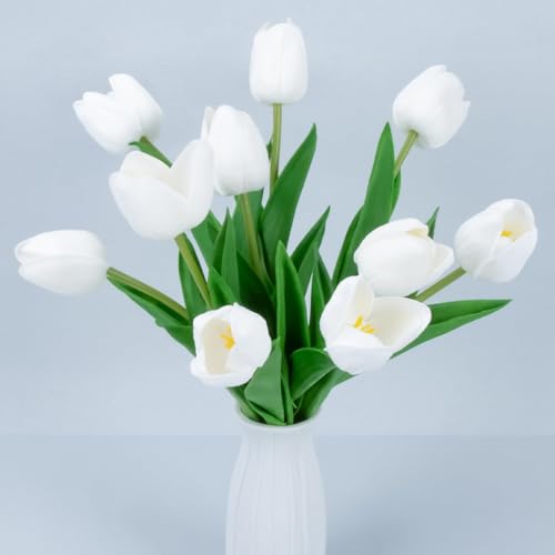 MAQIHAN 10 White Tulips Artificial Flowers - Fake White Tulips Real Touch Flowers Artificial Tulips That Look Real Realistic Faux Plastic Flowers Bouquet Arrangements for Home Dining Table Decoration