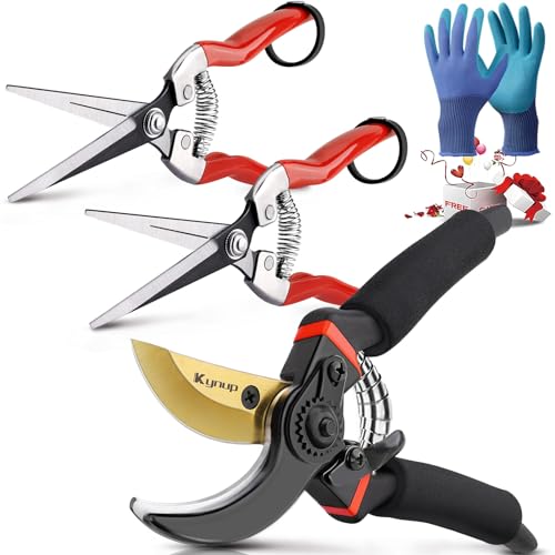 Kynup Sécateur de Jardin, 3 Pièces Ciseaux Jardinage, Sécateur Professionnel kit avec gants de Jardinage, Coupe Branche, Outil de Jardin