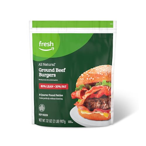 Amazon Fresh Brand, All Natural Ground Beef Burgers, 80% Lean, 20% Fat, Frozen, 2 Lb (8 Count)