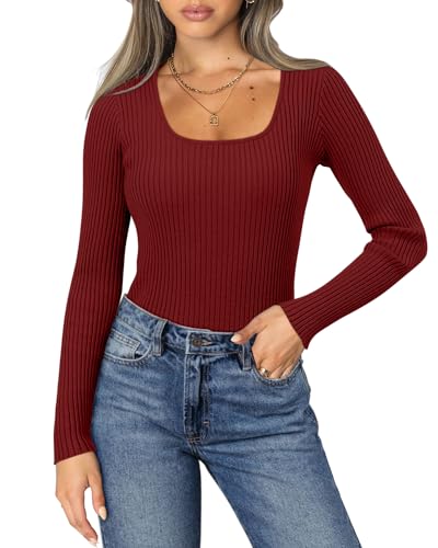 onlypuff Womens Long Sleeve Square Neck T Shirts Fall Ribbed Knit Slim Fitted Casual Solid Color Basic Tee Tops