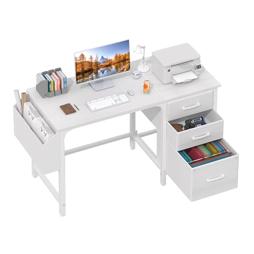 Lufeiya White Desk with Fabric File Drawers Cabinet, 47 Inch Reversible Computer Desk with Filing Cabinet for Bedroom Small Space Home Office, Modern Writing Table PC Desks, White