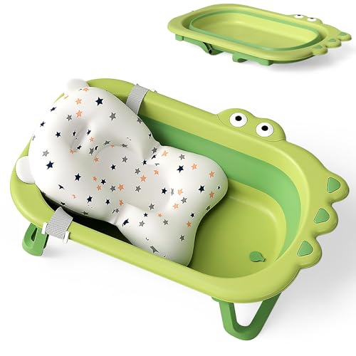 Hibtn Baby Crocodile Bathtub,Foldable Bath Tub Collapsible Bathtub with Baths Support Cushion Pad Seat Mat, Baby Bath Essentials for Newborn, Anti-Slip Infant Tubs Soft Bathing for 0-3 Years