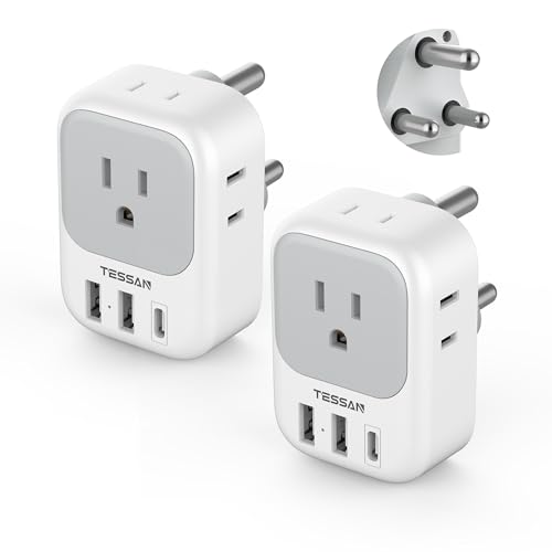 South Africa Plug Adapter 2 Pack, TESSAN Type M Power Adapter with 4 AC Outlets 3 USB Ports(1 USB C), Adaptor US to Botswana Namibia Nepal Bhutan