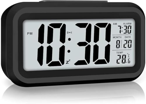 AERYS Digital Alarm Clock Table Clock for Students, Home, Office, Corporate with Automatic Sensor, Date & Temperature-Black,Plastic, 14W x 8H Centimeters