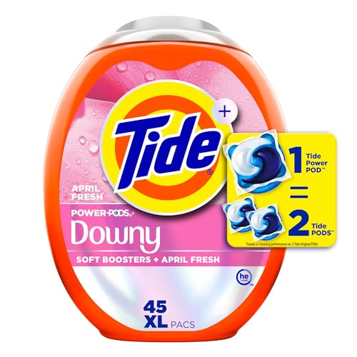Tide Power PODs 2-in-1 Laundry Detergent Pacs with Downy Soft Boosters, Lasting Freshness with April Fresh Scent, 45 Count, Tide Laundry Detergent, Washing Detergent