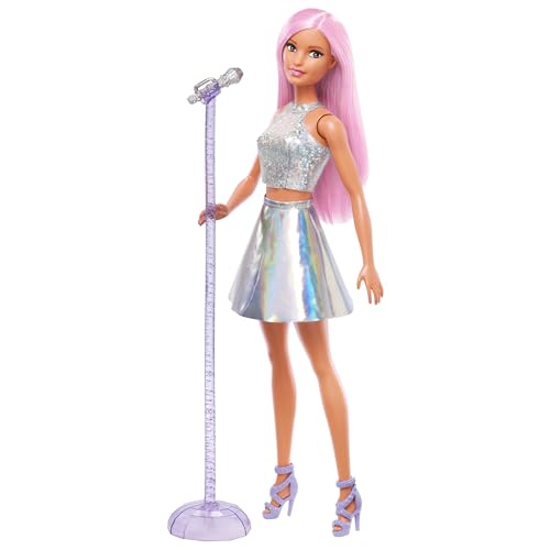 Barbie Careers Fashion Doll & Accessory, Pop Star with Pink Hair Wearing Iridescent Skirt with Microphone