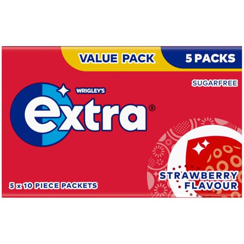 Wrigley's Extra Chewing Gum, Strawberry Flavour, 5 Packs of 10 Pieces, Sugar Free Chewing Gum Multipack with Xylitol (50 pieces)
