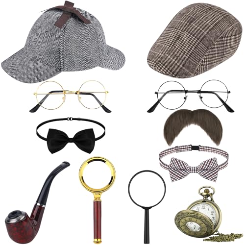 NinkyNonk 11 PCS Detective Costume Accessories for Kids Detective Hat Magnifying Glass Glasses Fake Mustache Bow Tie Pocket Watch (Type A)