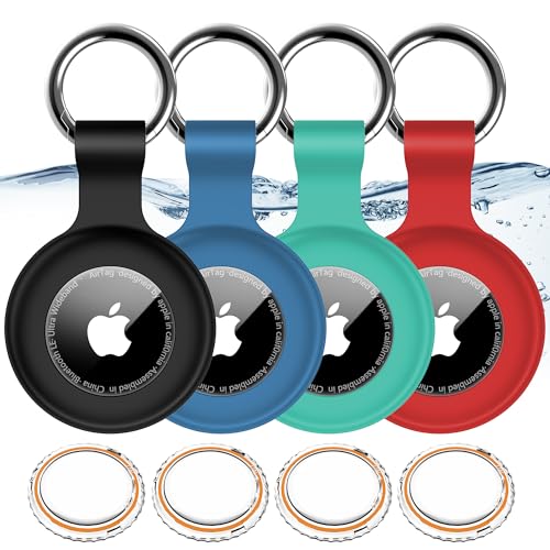 4Pack for Airtag Holder IPX8 Waterproof for Apple Air Tags with Keychain,Shockproof GPS Cover [Anti-Scratch] [PC+Silicone] for Air-Tag Item Finders Case for Pets,Kids,Luggages-Black/Blue/Green/Red