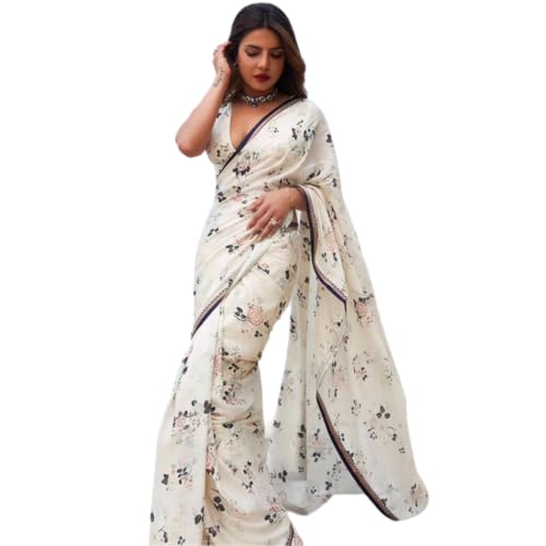 BE4ME.COM Alia bhatt Saree Rocky aur rani movie saree celebraty inspired sari Bollywood partywear Georgette Printed saree, White 3, free
