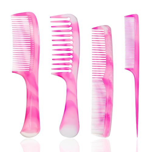 FHALLYNN 4 Pcs Hair Comb Set,Hair Combs for Styling .Wide Tooth Comb, Fine Tooth Comb, Rat Tail Combs for Women, and a Double-sided Comb (pink)