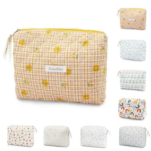 GLGHMH Travel Toiletry Bag, Cotton Floral Travel Makeup Bag, Portable Cosmetic Bag, Travel Makeup Storage Bag for Women Girls (Yellow)