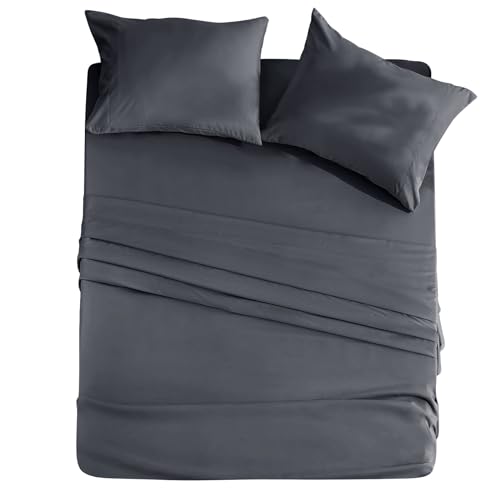 HYMOKEGE Dark Grey Queen Bed Sheets Set, 4-Piece Soft Cooling Sheets with 14" Deep Pocket for Queen Size Bed - Shrinkage & Fade Resistant, Luxury Hotel