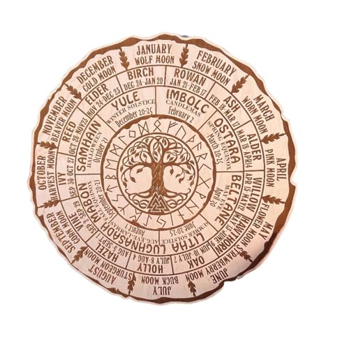 Holdes Pagan Wheel of the Year, Round Wooden Wheel of the Year Ornament, Vintage Handmade Celestial Sign for Wiccan Holidays, Yule Altar, Decor