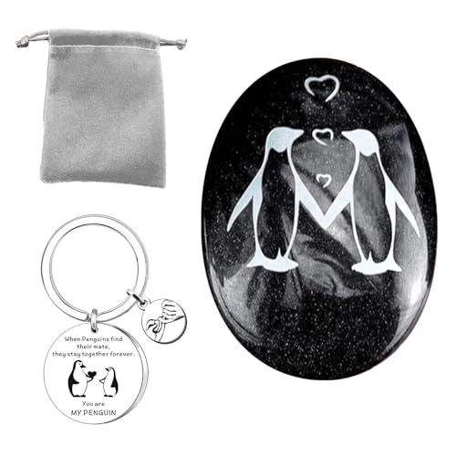 3 Pièces Penguin Pebble Set, Positivité Galet de Pingouin pour Saint Valentin Cadeau, You Are My Penguin Porte-Clés en Acier Inoxydable pour Couple Petite Amie Petit Ami(Noir)