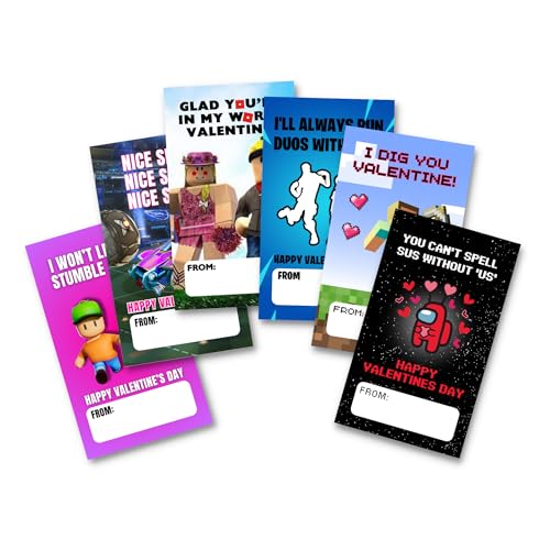Lashicorn Valentine’s Day Gamer Cards | 24 Pack 2x3.5” Gamer Mine Among Rocket Squads Zero Build Stumble Blox Game Boys Girly Valentine Cards for School Exchange