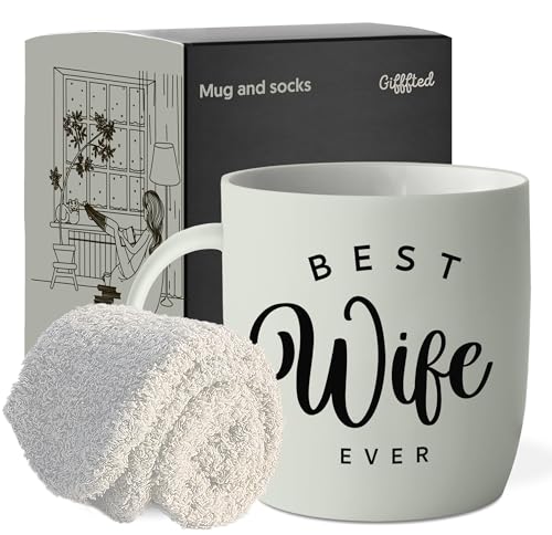 Triple Gifffted Worlds Best Wife Ever Coffee Mug and Socks Set, Gifts Ideas for Her Birthday, Valentines Anniversary Christmas Mothers Day, Present to Women from Husband, Ceramic Pink Woman Cup 380ml