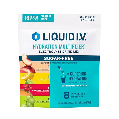 Liquid I.V.® Hydration Multiplier Sugar-Free - Raspberry Melon, Lemon Lime, White Peach, Green Grape | Electrolyte Powder Drink Mix | 1 Pack (16 Servings)