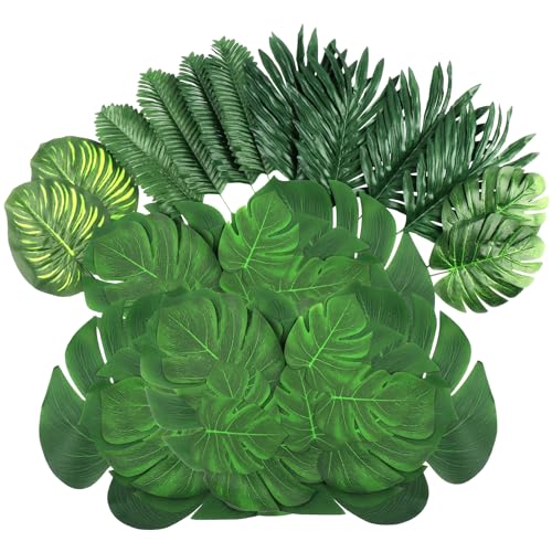 108 Pieces 7 Kinds Artificial Tropical Leaf Jungle Leaves Plant Safari Leaves Decorations Fake Palm Leaf with Stems for Hawaiian Luau Party Table Beach Birthday Wedding Theme Party Decorations