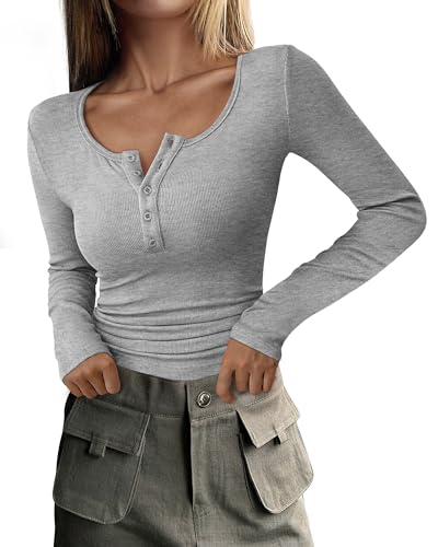 PRETTYGARDEN Women's 2025 Spring Long Sleeve Henley T Shirts Button Ribbed Knit Slim Fit Casual Basic Tops Blouse (Grey,Medium)