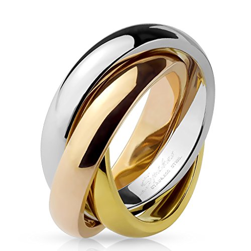 Paula & Fritz® Ring Damen Silber Gold Rosegold 316L Chirurgenstahl Größe 54 (17,2) 8-mm breit Damenring Herrenring Partnerring Dreiband-Rollring
