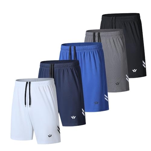fovdtaa 5er-Pack Herren Sport Shorts Herren Sport Shorts mit Taschen und elastischem Bund, schnell trocknende Workout Shorts für Herren Laufhose, Schwarz, Grau, Blau, Marineblau, Weiß, XL