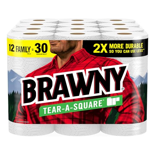 Brawny Tear-A-Square Paper Towels, 12 Family Rolls = 30 Regular Rolls, 2X More Durable, 3 Sheet Sizes, Strong and absorbent extra-large roll