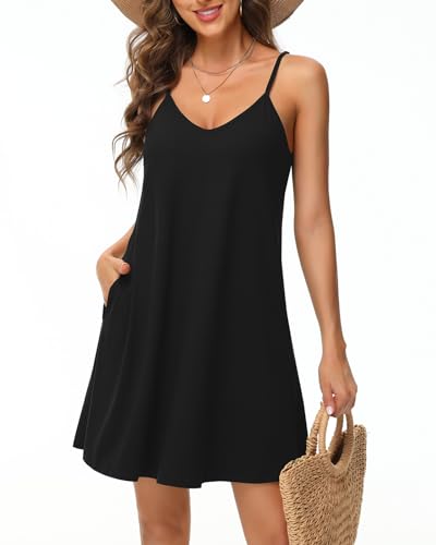 Tanmolo Damen Sommer Kleid Rmellos Kurz Strandkleid Spaghettitrger Knielangen Freizeitkleid S Schwarz