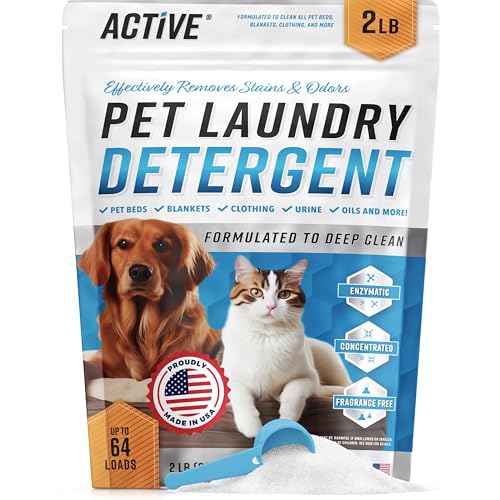 Pet Laundry Detergent Odor Remover - ACTIVE Enzyme Based Powder Detergent for Dogs Beds, Cat Pee, HE Washer Friendly Natural Enzymatic Deodorizer, Urine, Smell, Dog Drool, Stain Eliminator - 64 Loads