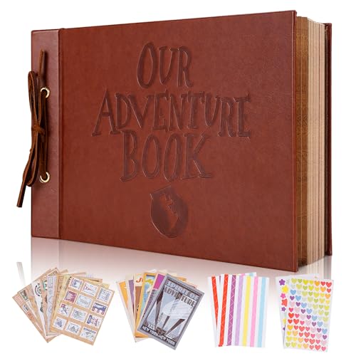 Our Adventure Book Scrapbook Photo Album, 3D Retro Embossed Letter Leather Hard Cover Movie Up Travel Journal Memory Book