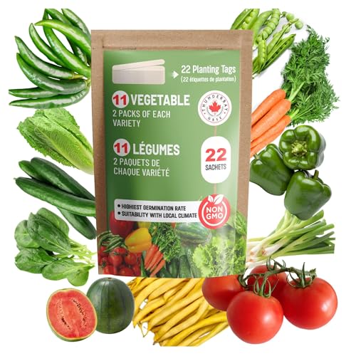 THUNDERBAY-GBSE Vegetable Seeds Pack of 22 Heirloom Sachets of 11 Popular Varieties Approx. Over 2200 Seeds(100% Non GMO, 2 sachets of Each Variety, 22 Planting Tags) 22 sachets de Graines Potagères