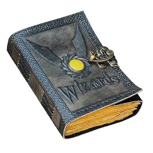Wizards Leather Journal With Yellow Semi-Precious Stone and FlyingKey Embedded Backside - Vintage Leather Journal - Book of Shadows - Blank Spell Book - Grimoire Wiccan Supplies Witchcraft Antique
