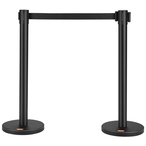 VEVOR Crowd Control Stanchions, 2-Pack Crowd Control Barriers, Carbon Steel Baking Painted Stanchion Queue Post with 6.5FT Black Retractable Belt, Belt Barriers Line Divider for Exhibition, Airport