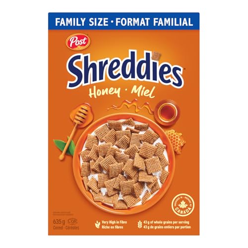 Post Honey Shreddies Breakfast Cereal, Made with Whole Grains, Very High in Fibre, Family Size 635g