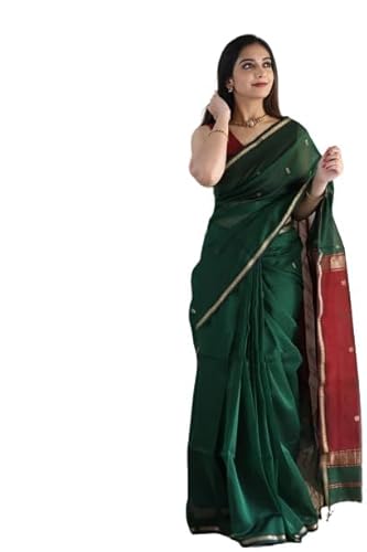 Jaanvi fashion Damen Baumwoll-Seide Saree mit Zari-Arbeit und ungesäumtem Blusenteil (Diwali Special), dunkelgrün, One size