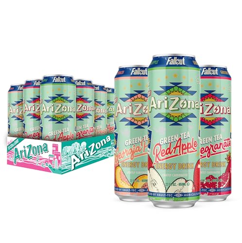 AriZona x Fallout Green Tea Energy Drink, 12pk 22 fl oz, Variety Pack - 3 Flavors, Red Apple Green Tea, Georgia Peach Green Tea, Pomegranate Green Tea - 234mg Natural Caffeine per Can