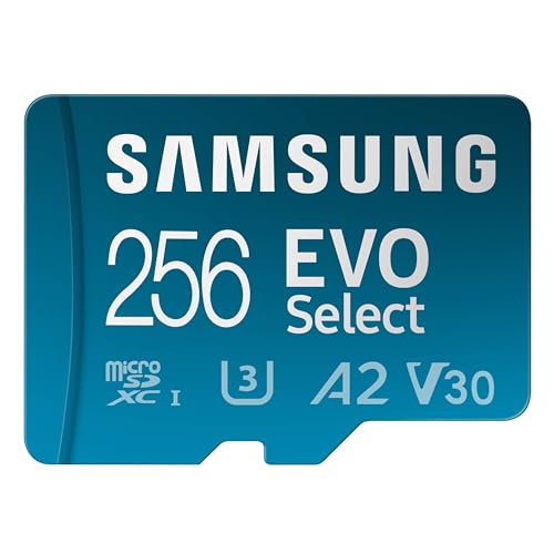 SAMSUNG EVO Select microSDMemory Card + Adapter, 256GB microSDXC, Up-to 160 MB/s, 4K UHD, UHS-I, C10, U3, V30, A2, for Mobile Phone, Smartphones, Nintendo-Switch, and Tablets (MB-ME256SA/AM)