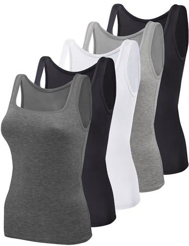 BQTQ 5 Stück Unterhemd Damen Tank Top mit Quadratischem Ausschnitt, Elastische Tank Tops Camisole Crop Top Stretch Untershirt Ärmellos, Schwarz, Weiß, Grau, Dunkelgrau, M
