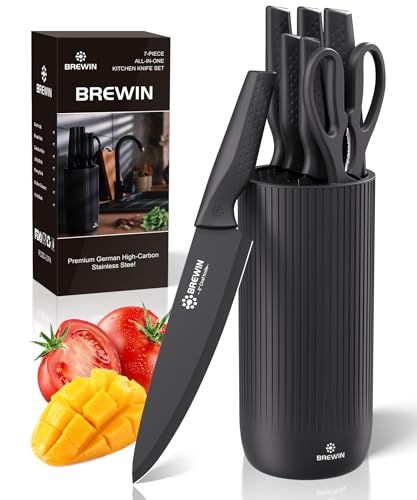 Knife Set, Brewin Kitchen Knife Set, Knives Set for Kitchen, Universal Knife Block, Utility Knife Block Set, Kitchen Essentials, New Home Essentials, Apartment Essentials, Dishwasher Safe