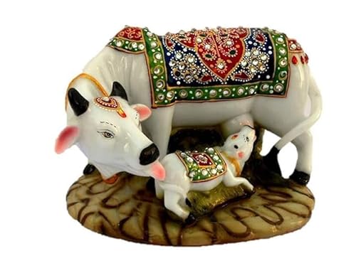 Craft villa Krishna Idol with Cow,Polyresin Decorative Marble Kamdhenu Cow and Calf Big Handcrafted Statue Size (6 Inch)