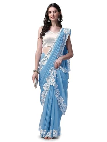 Estationeryhouse Women's Georgette Embroidery Border Work Designer Saree with Blouse Piece (Skyblue)