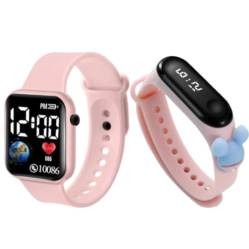 GOLDENIZE FASHION Stylish Waterproof Kid Digital Date and Time Black Pink Square Rectangular Display Watch for Kids Unisex Digital Watch for Baby Boys & Girls Kids | Pack of 2 (Baby Pink)