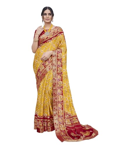 Yashika Women's Magludi Silk Saree Printed Saree With Unstitched Blouse Material - Suitable For All Indian Occasions and Festivals (AZ-YS-OG-RASIYA YELLOW RED)