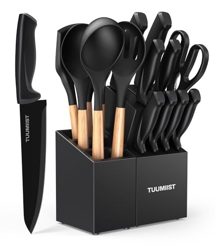 Knife Set, TUUMIIST 18PCS Black Kitchen Set - Knife Set with Block and Sharpener & Kitchen Utensils Set & Removable Utensil Holder-Precision Cutting, Effortless Sharpening, Convenient Organization