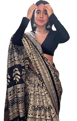 EthnicJunction Women's Art Silk Printed Kalamkari Saree With Blouse Piece (Black And Beige)