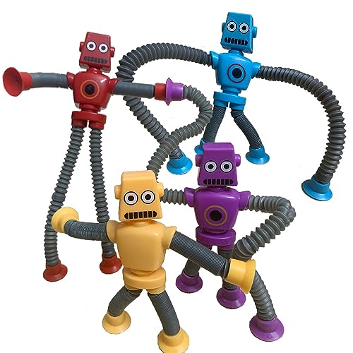Pop Tubes Robot Toys 4 Pcs Easter Basket Stuffers for Kids Fidget Toys Telescopic Suction Cup for Anxiety Toddlers 3-9 Years Old Boys Girls ADHD Autism Travel Toys School Party Favors (4 Pcs)