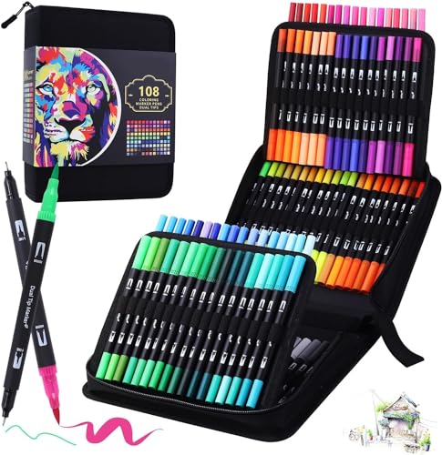 BEMAYSZ 108 Colours Dual Tip Colouring Brush Felt Tip Pens, Pens for Adult Adults and Kids Colouring Books Calligraphy Drawing Painting Sketching Highlighting