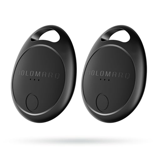 HOLOMARQ Key Finder Smart Tag 2 Pack Air Tracker, Works with Apple Find My [iOS ONLY, NOT for Android], Luggage Tracker with Sound, for (Car) Keys, Bags, Pets, Suitcase(T1, 2PCS, Black)